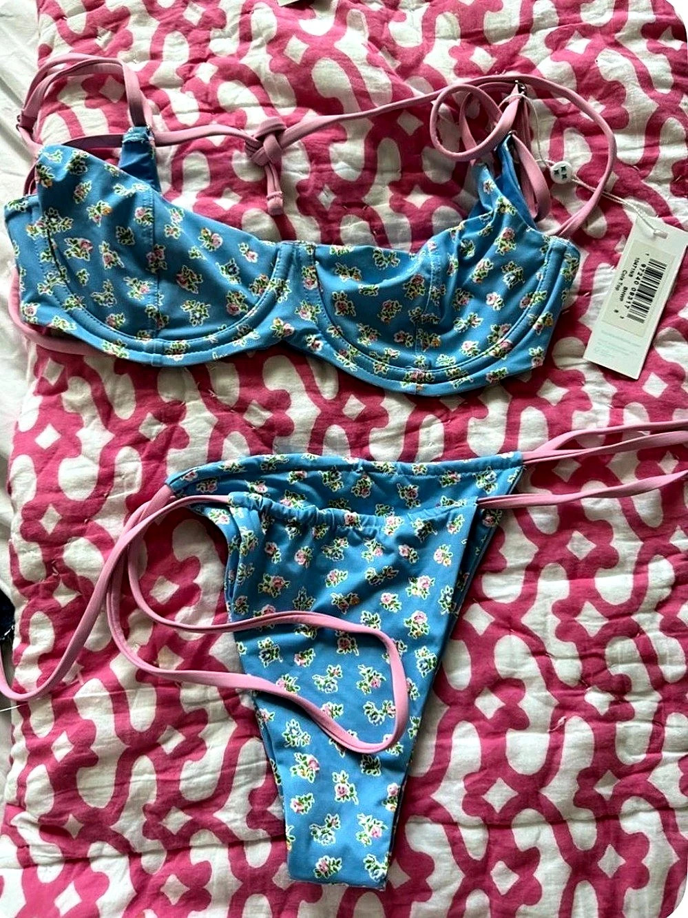 Frankie’s bikinis blue pink and yellow floral bikini set size small